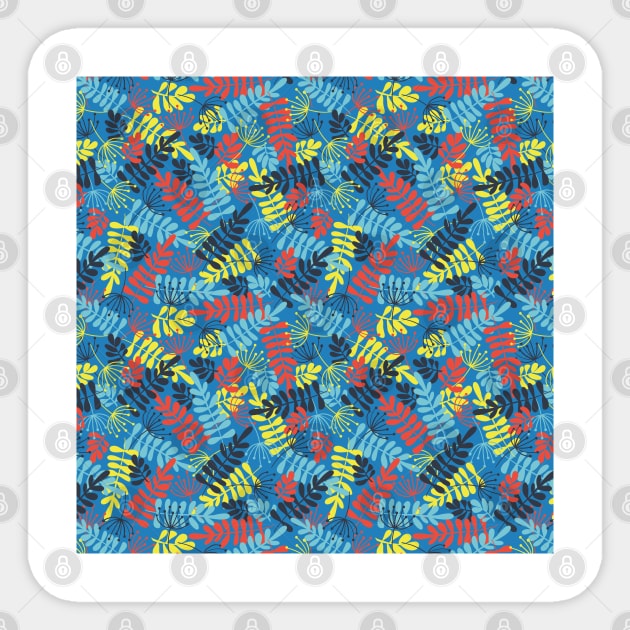 Leave Silhouettes blue, yellow, red on blue Sticker by Sandra Hutter Designs